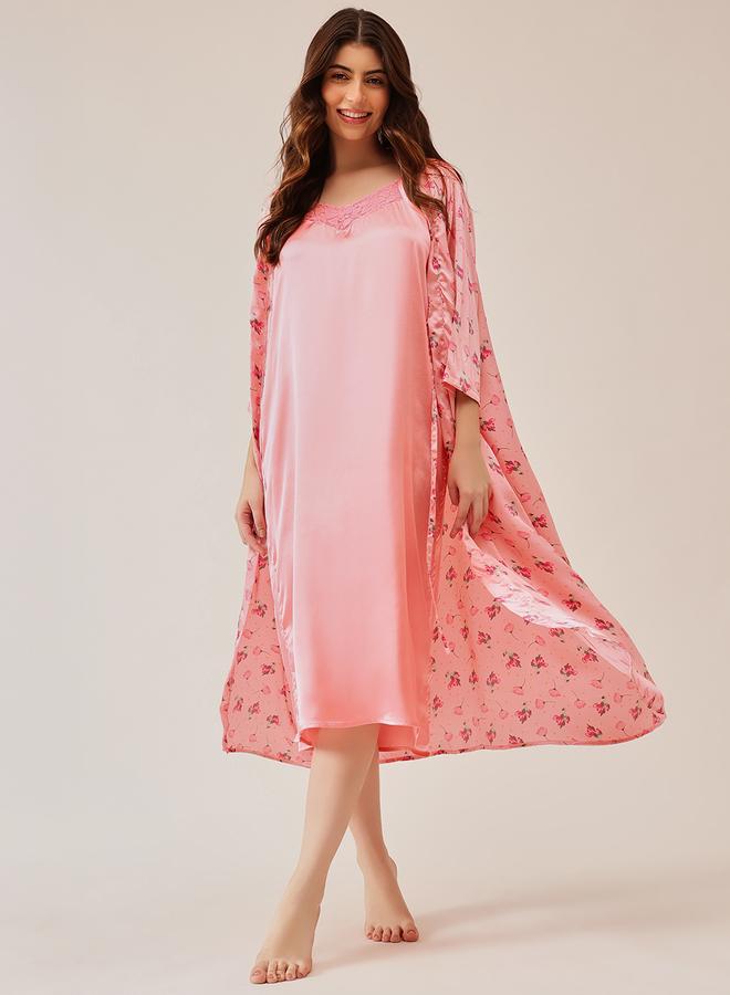 Clovia Pack of 2 - Floral Satin Robe and Slip Dress - Image 3